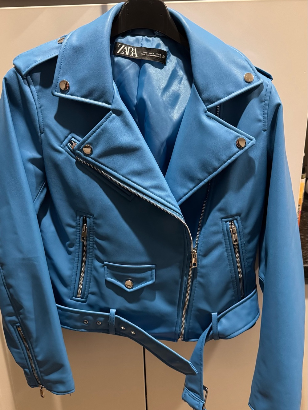 Zara Bright Blue Faux Leather Moto Jacket
